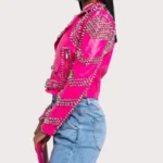 Pink Lambskin Leather Studded Biker Jacket