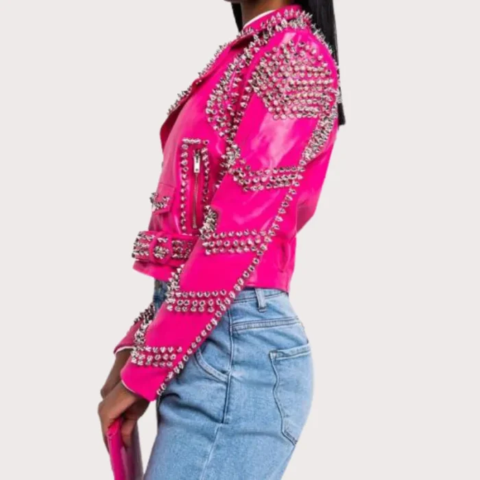 Pink Lambskin Leather Studded Biker Jacket