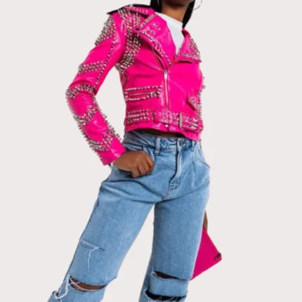 Pink Lambskin Leather Studded Biker Jacket