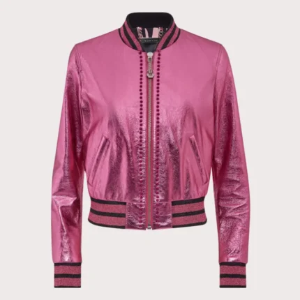 Pink Metallic Bomber Studded Biker Jacket