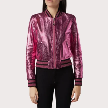 Pink Metallic Bomber Studded Biker Jacket