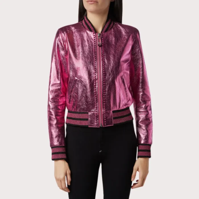 Pink Metallic Bomber Studded Biker Jacket