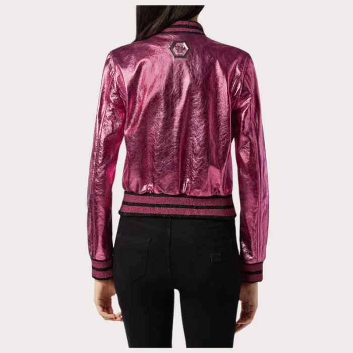 Pink Metallic Bomber Studded Biker Jacket