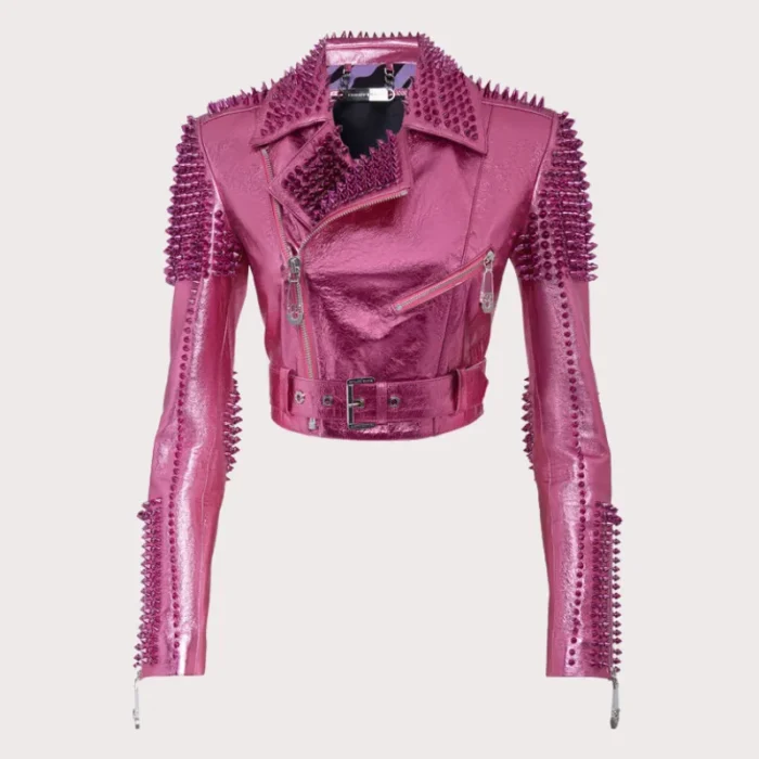 Pink Metallic Studded Biker Jacket