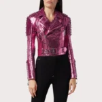 Pink Metallic Studded Biker Jacket