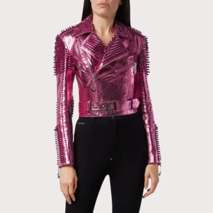 Pink Metallic Studded Biker Jacket