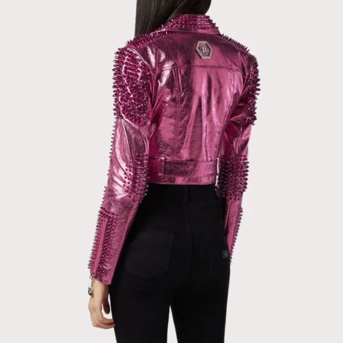 Pink Metallic Studded Biker Jacket
