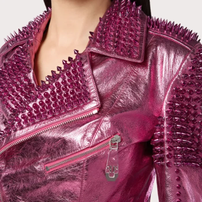 Pink Metallic Studded Biker Jacket