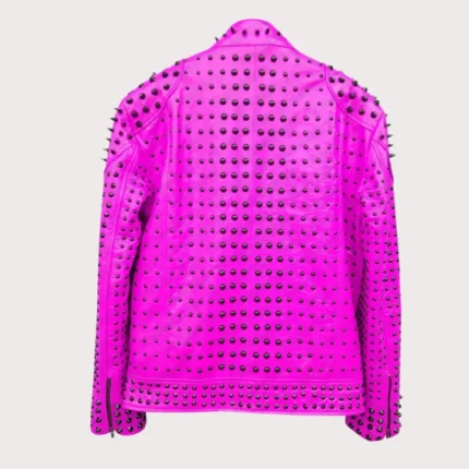Pink Vintage Studded Punk Leather Biker Jacket
