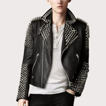 Punk Men's Genuine Leather Jacket with Silver Spikes