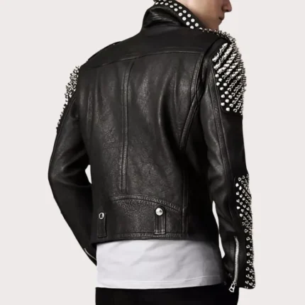 Punk Men's Genuine Leather Jacket with Silver Spikes