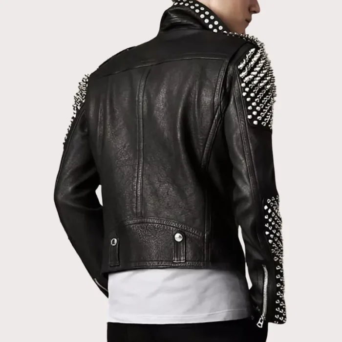 Punk Men's Genuine Leather Jacket with Silver Spikes