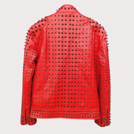 Red Vintage Studded Punk Leather Biker Jacket