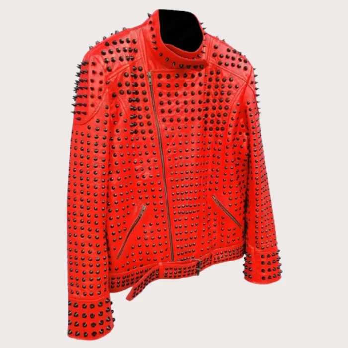 Red Vintage Studded Punk Leather Biker Jacket