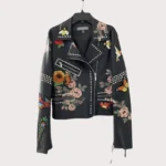Rose Handpainted Silver Studded Biker Jacket