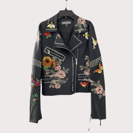 Rose Handpainted Silver Studded Biker Jacket