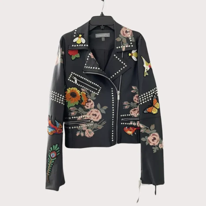 Rose Handpainted Silver Studded Biker Jacket