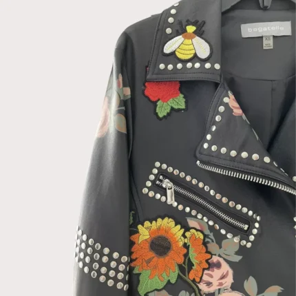 Rose Handpainted Silver Studded Biker Jacket