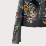 Rose Handpainted Silver Studded Biker Jacket