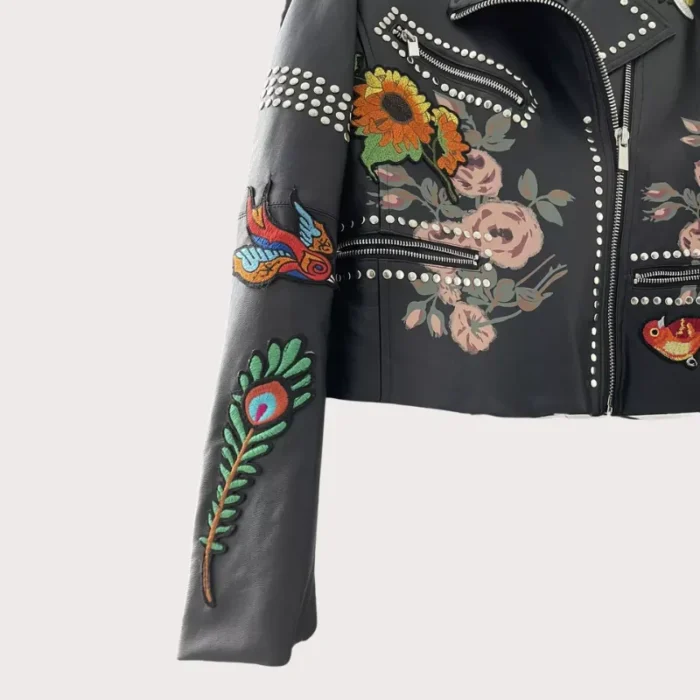 Rose Handpainted Silver Studded Biker Jacket