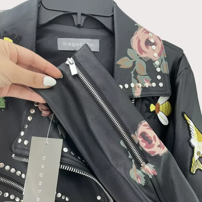 Rose Handpainted Silver Studded Biker Jacket
