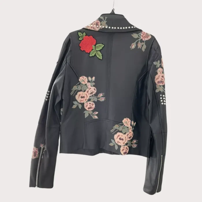 Rose Handpainted Silver Studded Biker Jacket
