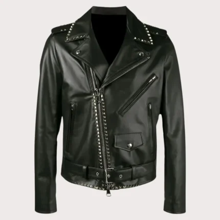 Silver Studded Leather Black Biker Jacket