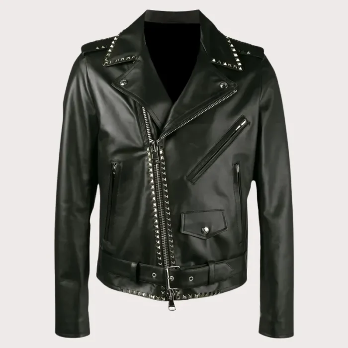 Silver Studded Leather Black Biker Jacket