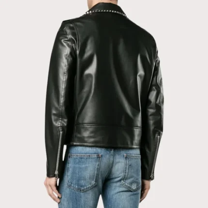 Silver Studded Leather Black Biker Jacket