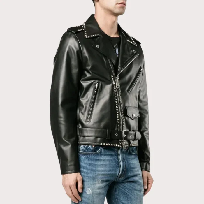 Silver Studded Leather Black Biker Jacket