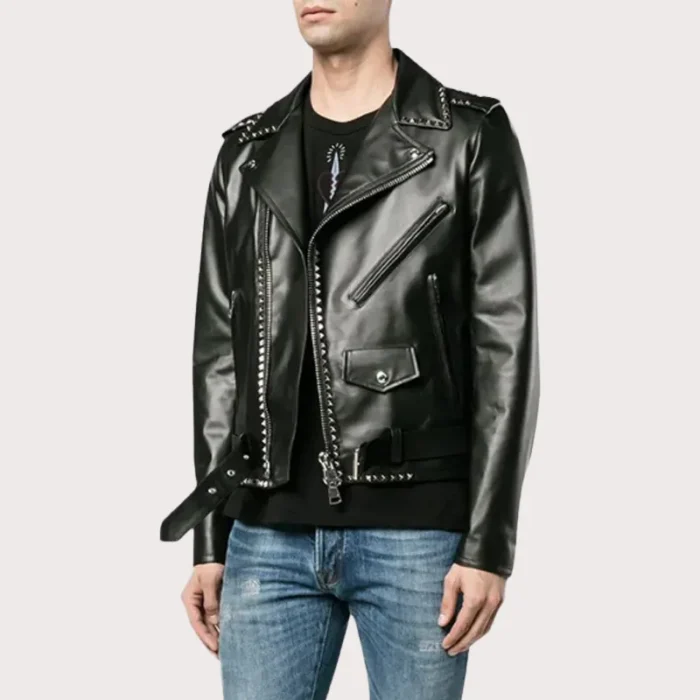 Silver Studded Leather Black Biker Jacket