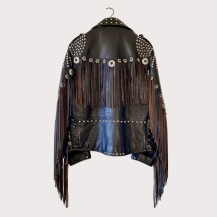 Studded Leather Biker Jacket with Fringe