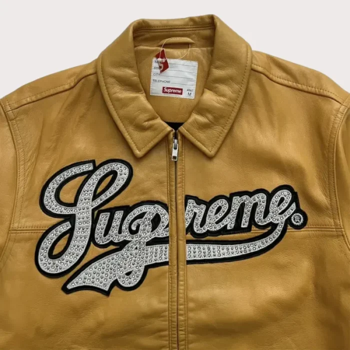 Supreme Uptown Studded Leather Varsity Jacket In Yellow