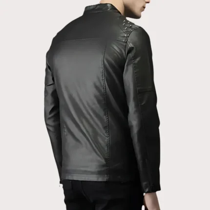 Tab Collar Leather Biker Jacket for Men with Studs