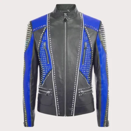 Plein Two Tone Blue Black Leather Jacket for Men
