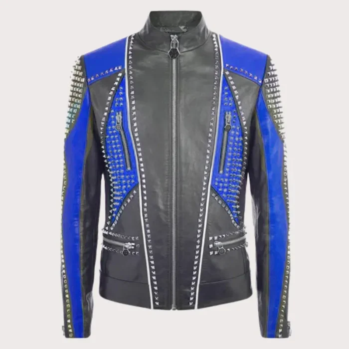 Plein Two Tone Blue Black Leather Jacket for Men