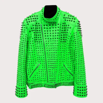 Vintage Studded Punk Leather Green Biker Jacket