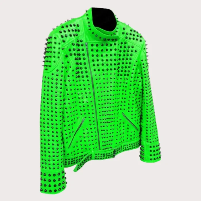 Vintage Studded Punk Leather Green Biker Jacket