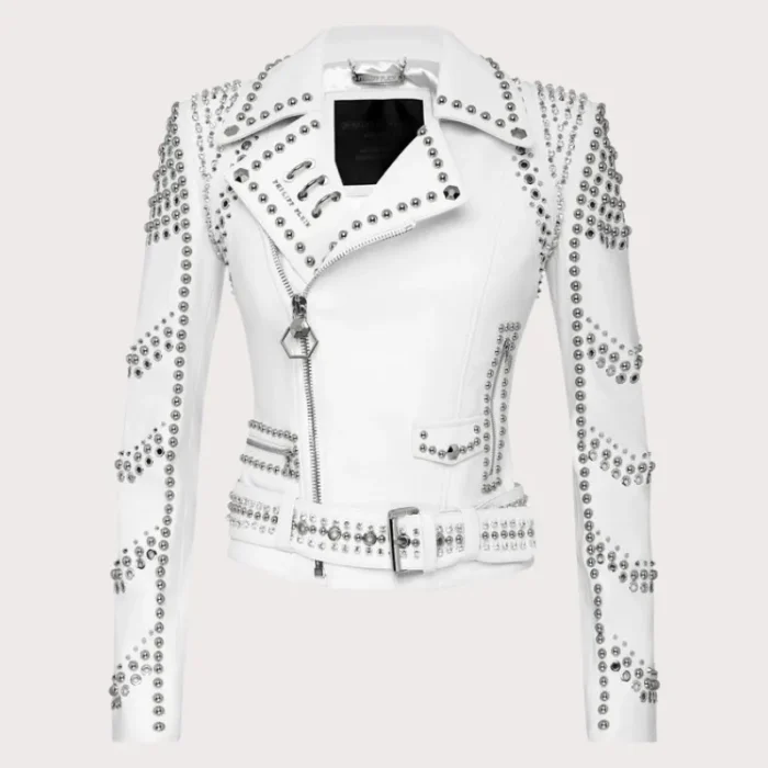 White Lambskin Perfecto Spike-Stud Biker Jacket