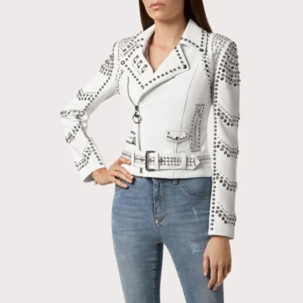 White Lambskin Perfecto Spike-Stud Biker Jacket