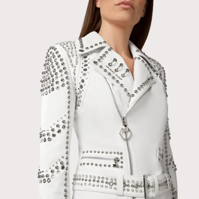 White Lambskin Perfecto Spike-Stud Biker Jacket