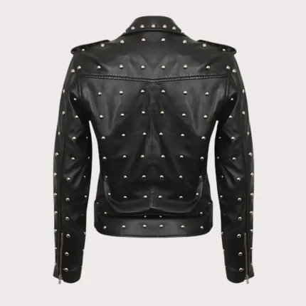 Women Gothic Handmade Black Leather Jacket With Full Golden Studs Brando Jacket