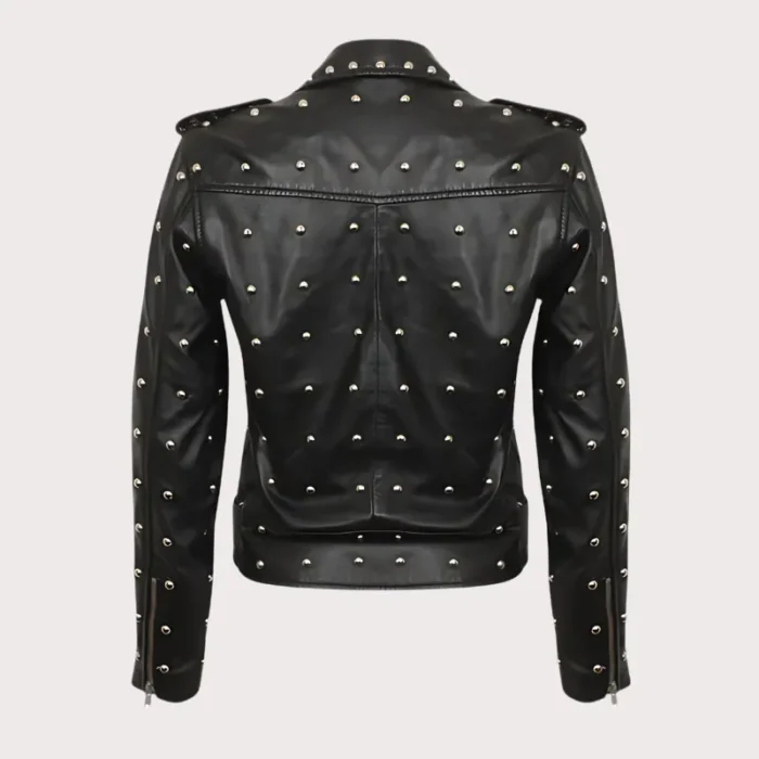 Women Gothic Handmade Black Leather Jacket With Full Golden Studs Brando Jacket