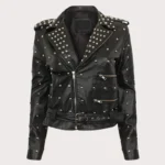 Women Gothic Handmade Black Leather Jacket With Full Golden Studs Brando Jacket
