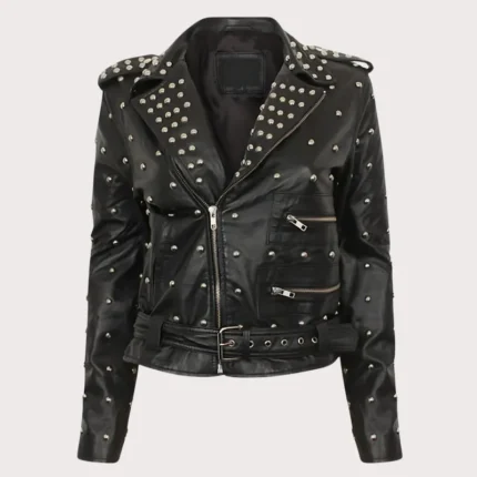Women Gothic Handmade Black Leather Jacket With Full Golden Studs Brando Jacket