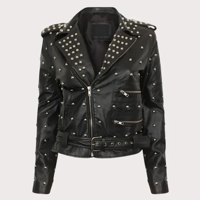 Women Gothic Handmade Black Leather Jacket With Full Golden Studs Brando Jacket