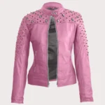 Women Pink Quilted Gold Studded Skeletons Genuine Leather Jacket