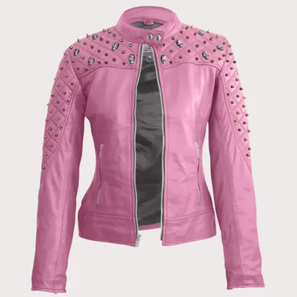 Women Pink Quilted Gold Studded Skeletons Genuine Leather Jacket