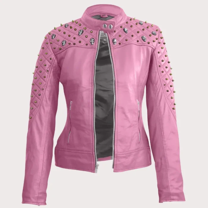 Women Pink Quilted Gold Studded Skeletons Genuine Leather Jacket