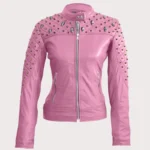 Women Pink Quilted Gold Studded Skeletons Genuine Leather Jacket